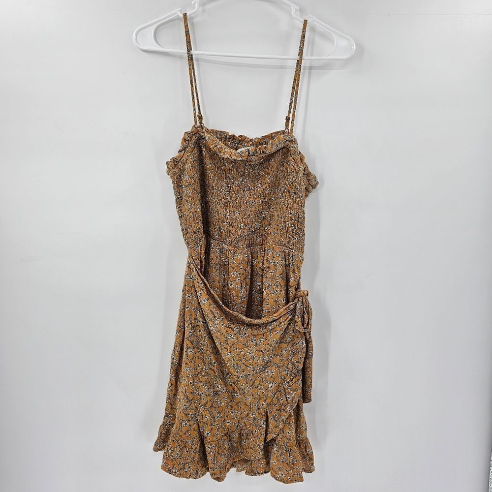 American eagle medium dress faux wrap yellow mustard floral vacation summer